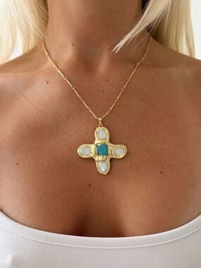 Gold-Plated Cross Pendant Necklace with Turquoise Center